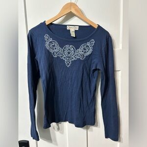 Cripple Creek Blue Embroidered bling sparkle long sleeve Women's Top